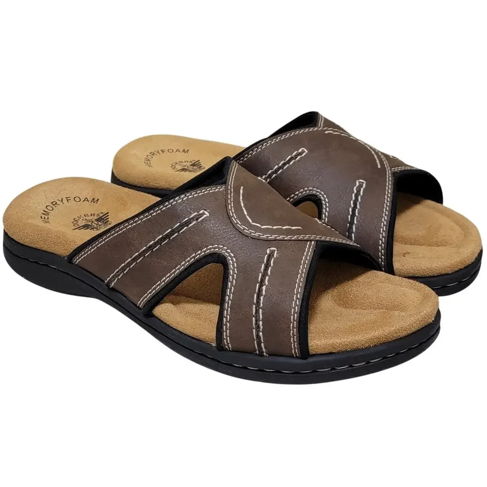 Dockers Men Sunland Casual Slide Sandals Size US 12W Dark Brown Faux Leather
